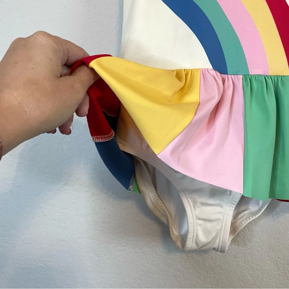 Hanna Andersson Cream One-Piece Swimsuit with Rainbow Stripes